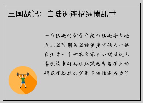 三国战记：白陆逊连招纵横乱世
